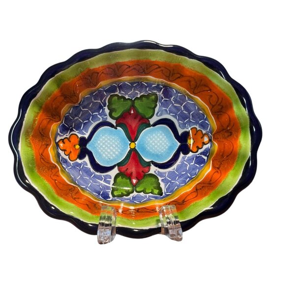 Hand-Painted Mexican Talavera Oval Dish Set Of 2 - Blue & Red Floral Design 5.5" - Picture 10 of 16